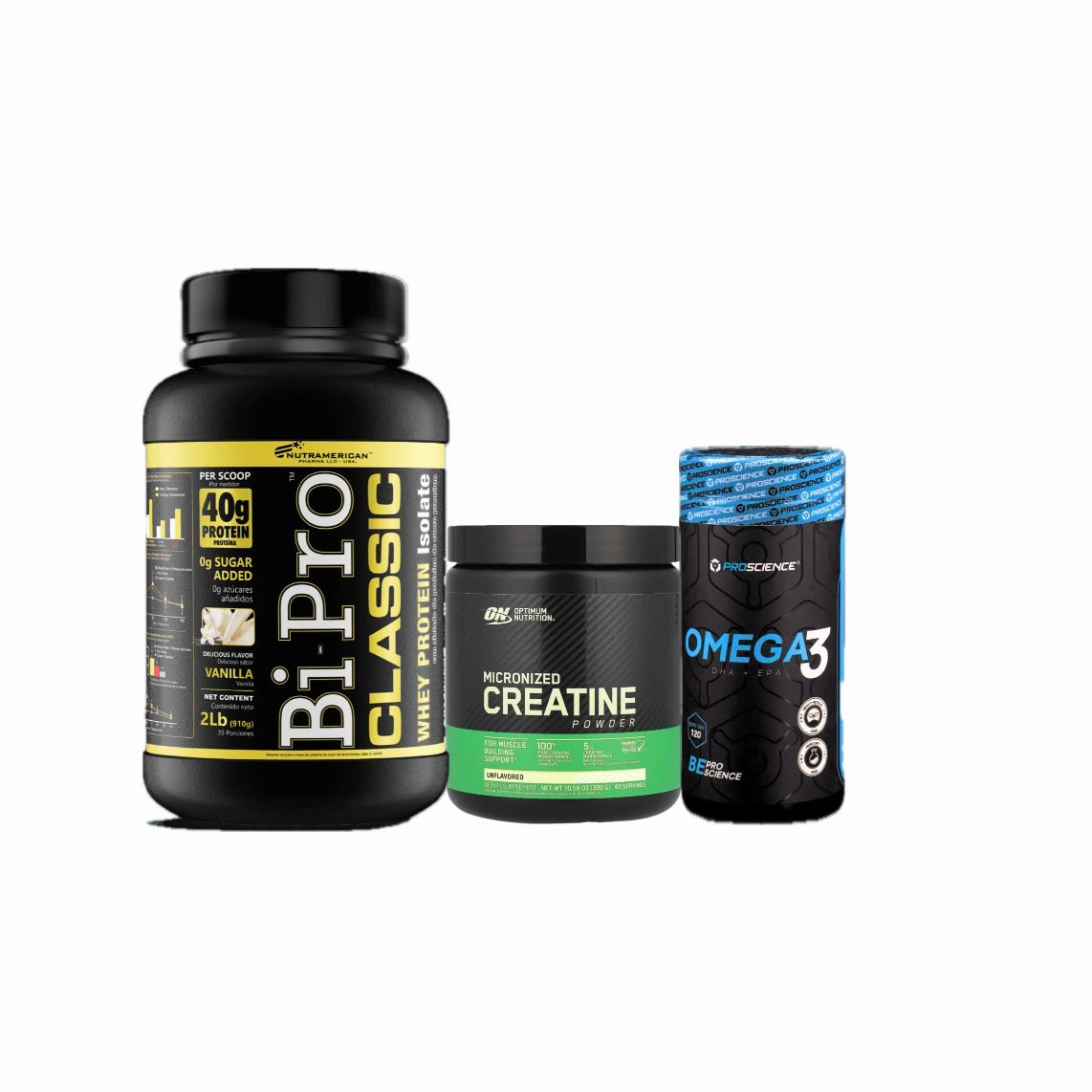 Combo Bi pro Classic 2lb + Creatina micronizada Optimum Nutrition 300gr + Omega 3 Proscience
