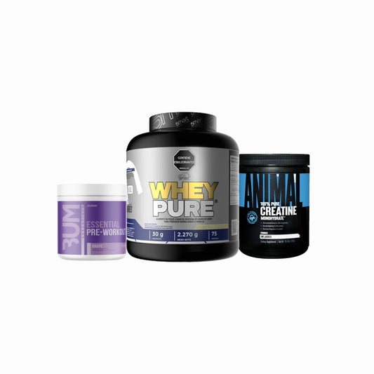 Combo Whey Pure 5lb + Pre entreno Essential + Creatina Animal 60 servicios